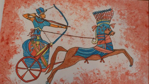 horse, horse carrige and ancient warrior with arch and arrow